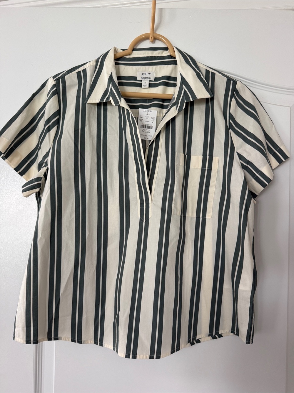 J. Crew Cream and Dark Green Vertical Stripe Short Sleeve Shirt